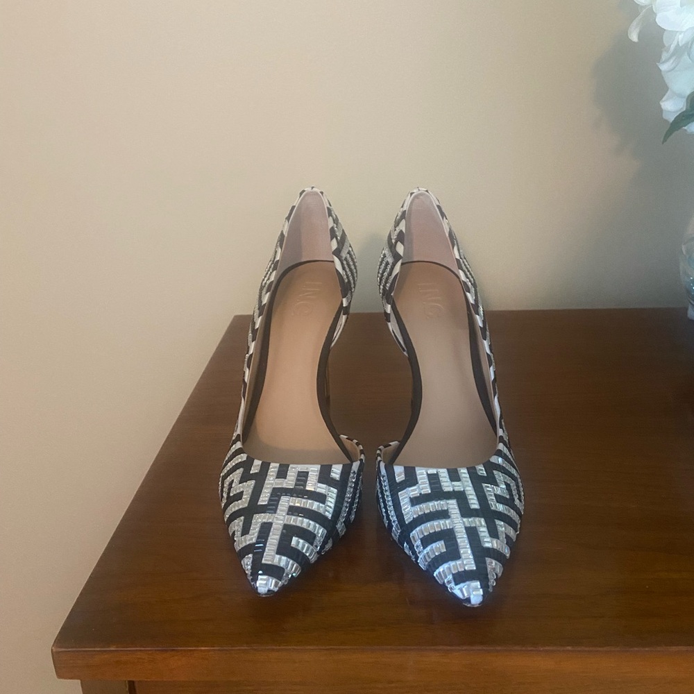 INC International Concepts Black and White Patterned Sparkle Heels